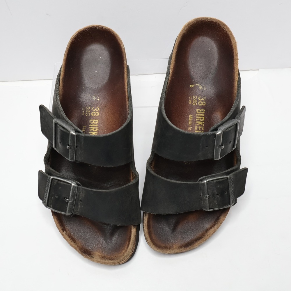 Birkenstock Black Leather Slip On Double Strap Sandals Shoes Sz 38, 7‎ 7.5 SEE - Picture 4 of 8